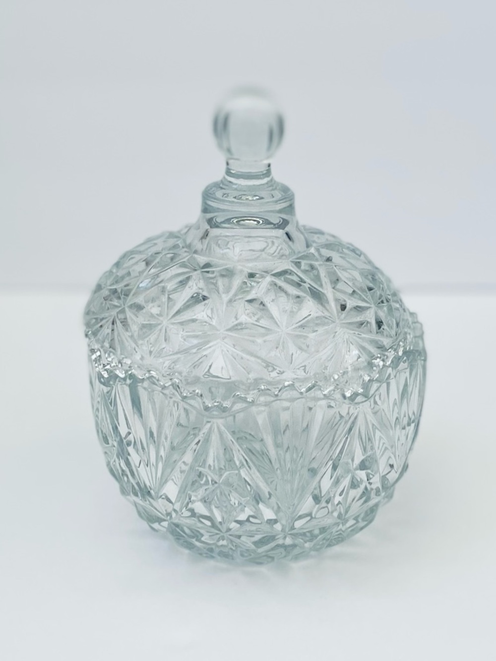 Vintage Crystal Clear Glass Candy Dish Scalloped Edges With Lid